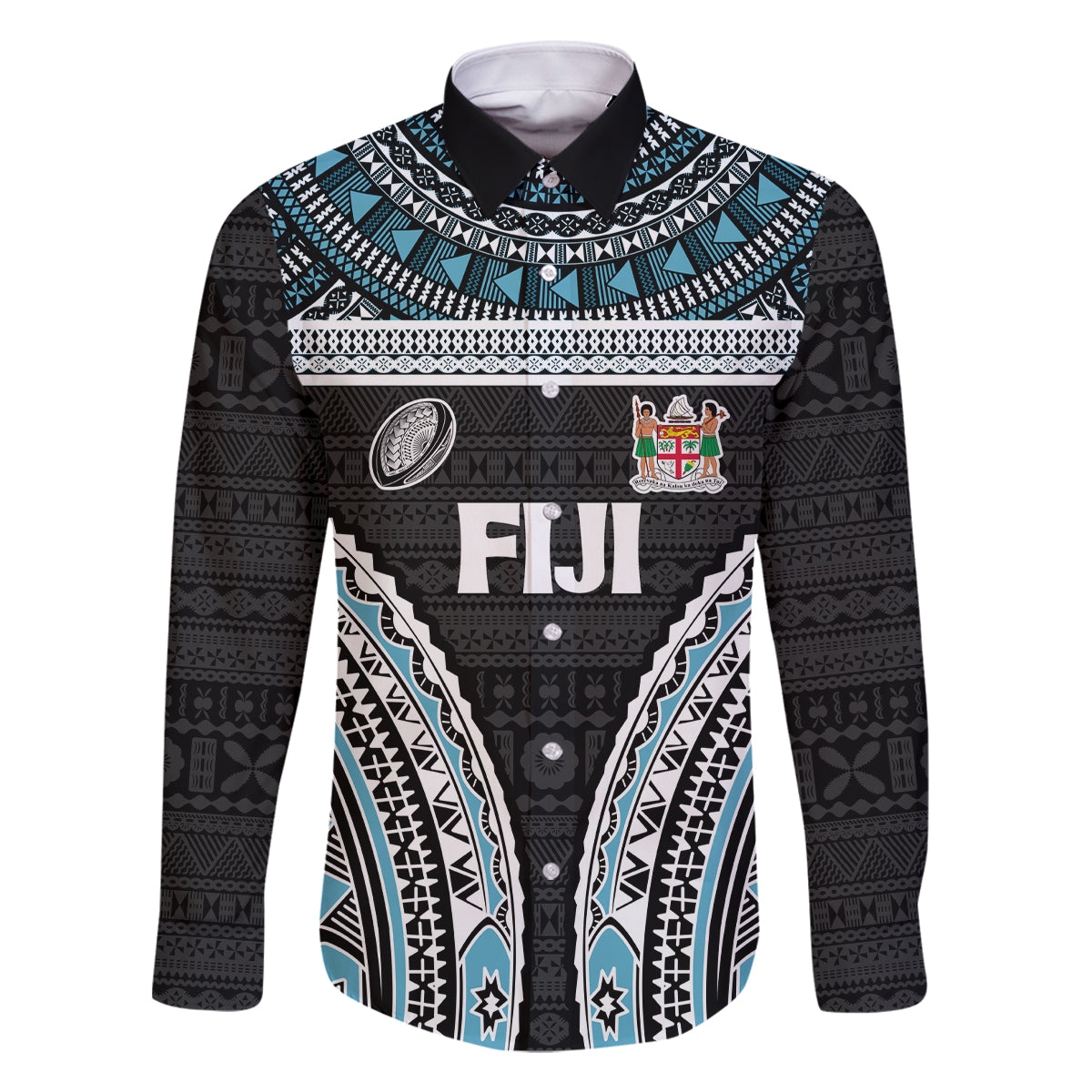 Custom Flying Fijians Rugby Family Matching Off Shoulder Maxi Dress and Hawaiian Shirt Tapa Tribal Cloth Black Color LT03 Dad's Shirt - Long Sleeve Black - Polynesian Pride