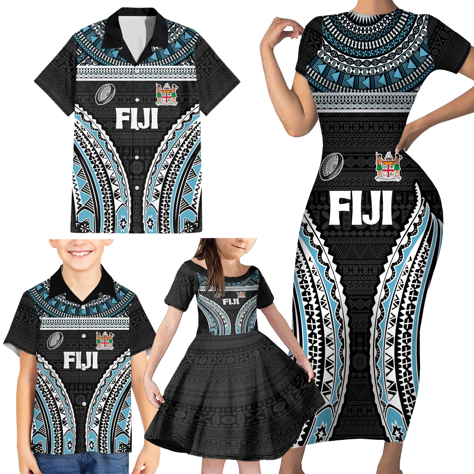 Custom Flying Fijians Rugby Family Matching Short Sleeve Bodycon Dress and Hawaiian Shirt Tapa Tribal Cloth Black Color LT03 - Polynesian Pride