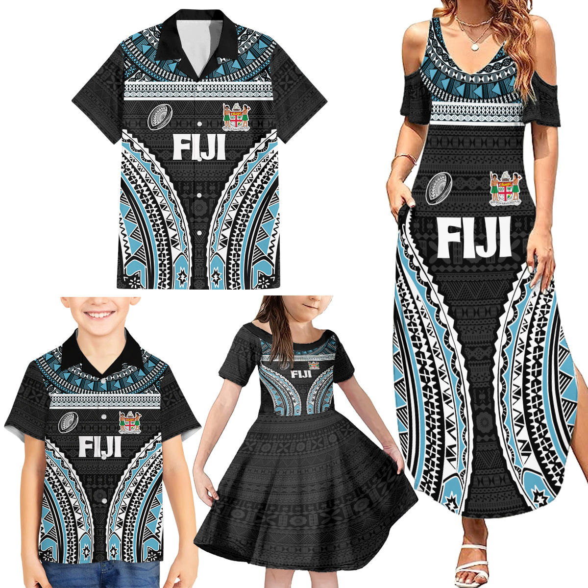 Custom Flying Fijians Rugby Family Matching Summer Maxi Dress and Hawaiian Shirt Tapa Tribal Cloth Black Color LT03 - Polynesian Pride