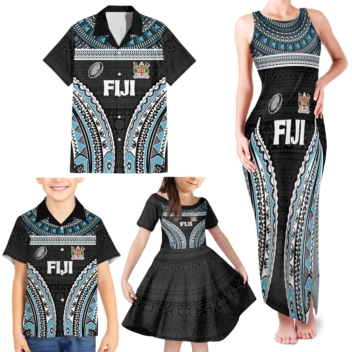 Custom Flying Fijians Rugby Family Matching Tank Maxi Dress and Hawaiian Shirt Tapa Tribal Cloth Black Color LT03 - Polynesian Pride