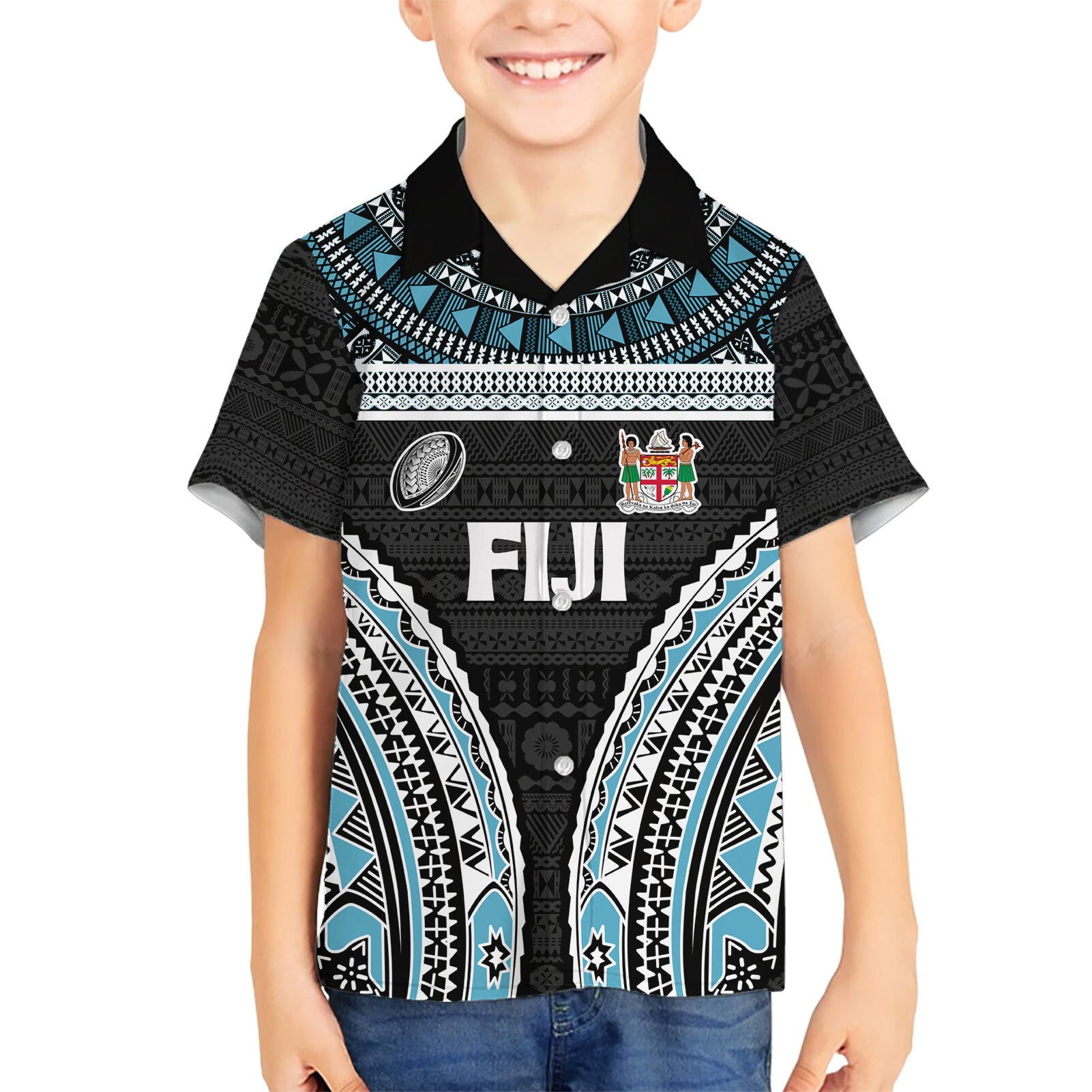 Custom Flying Fijians Rugby Kid Hawaiian Shirt Tapa Tribal Cloth Black Color LT03 Kid Black - Polynesian Pride