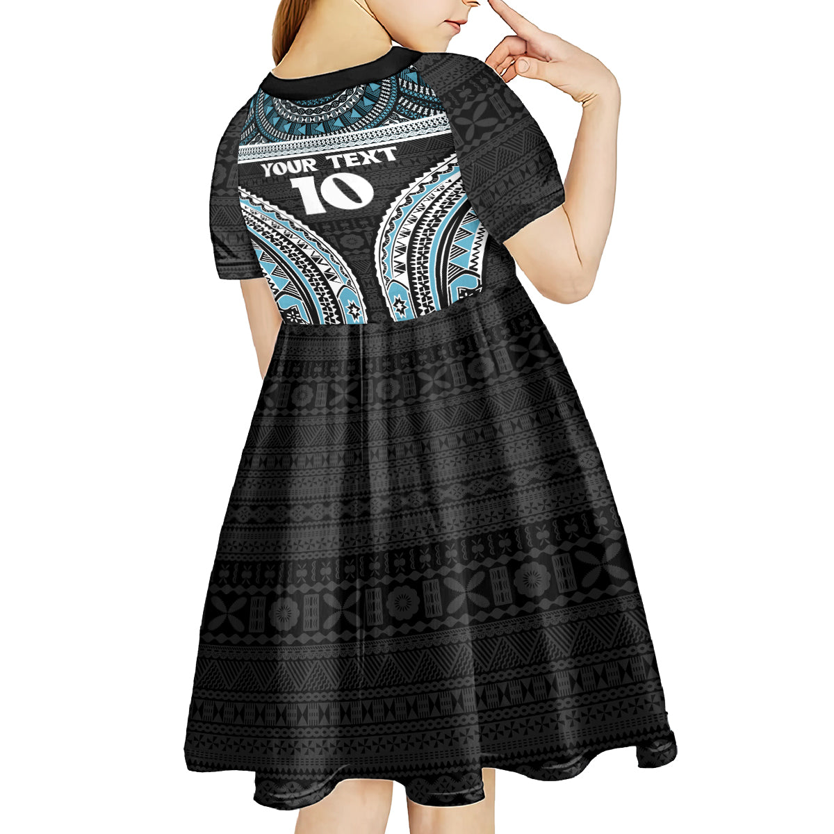 Custom Flying Fijians Rugby Kid Short Sleeve Dress Tapa Tribal Cloth Black Color LT03 - Polynesian Pride