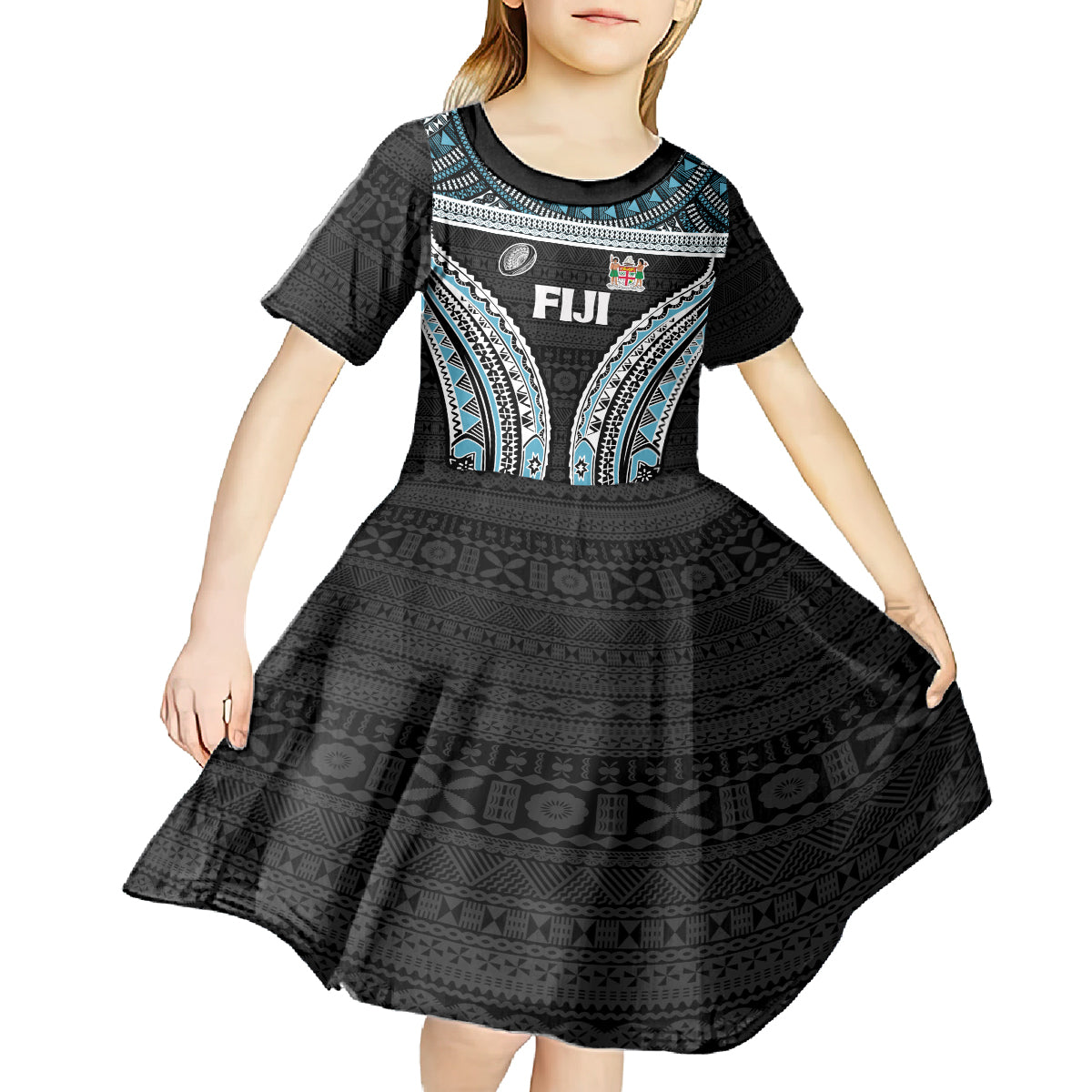 Custom Flying Fijians Rugby Kid Short Sleeve Dress Tapa Tribal Cloth Black Color LT03 - Polynesian Pride