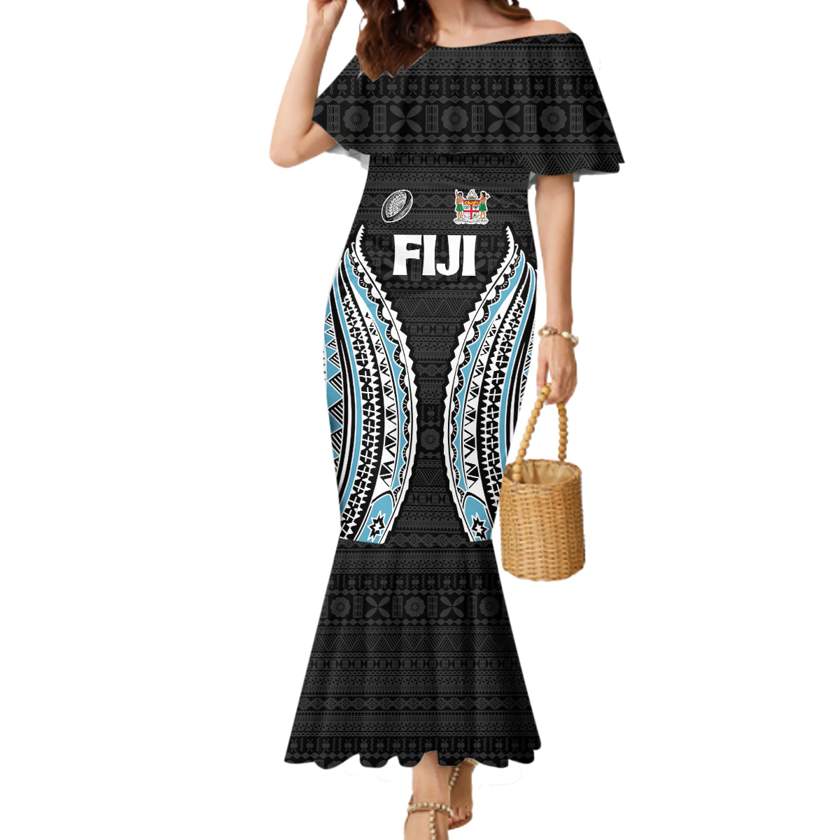 Custom Flying Fijians Rugby Mermaid Dress Tapa Tribal Cloth Black Color LT03 Women Black - Polynesian Pride