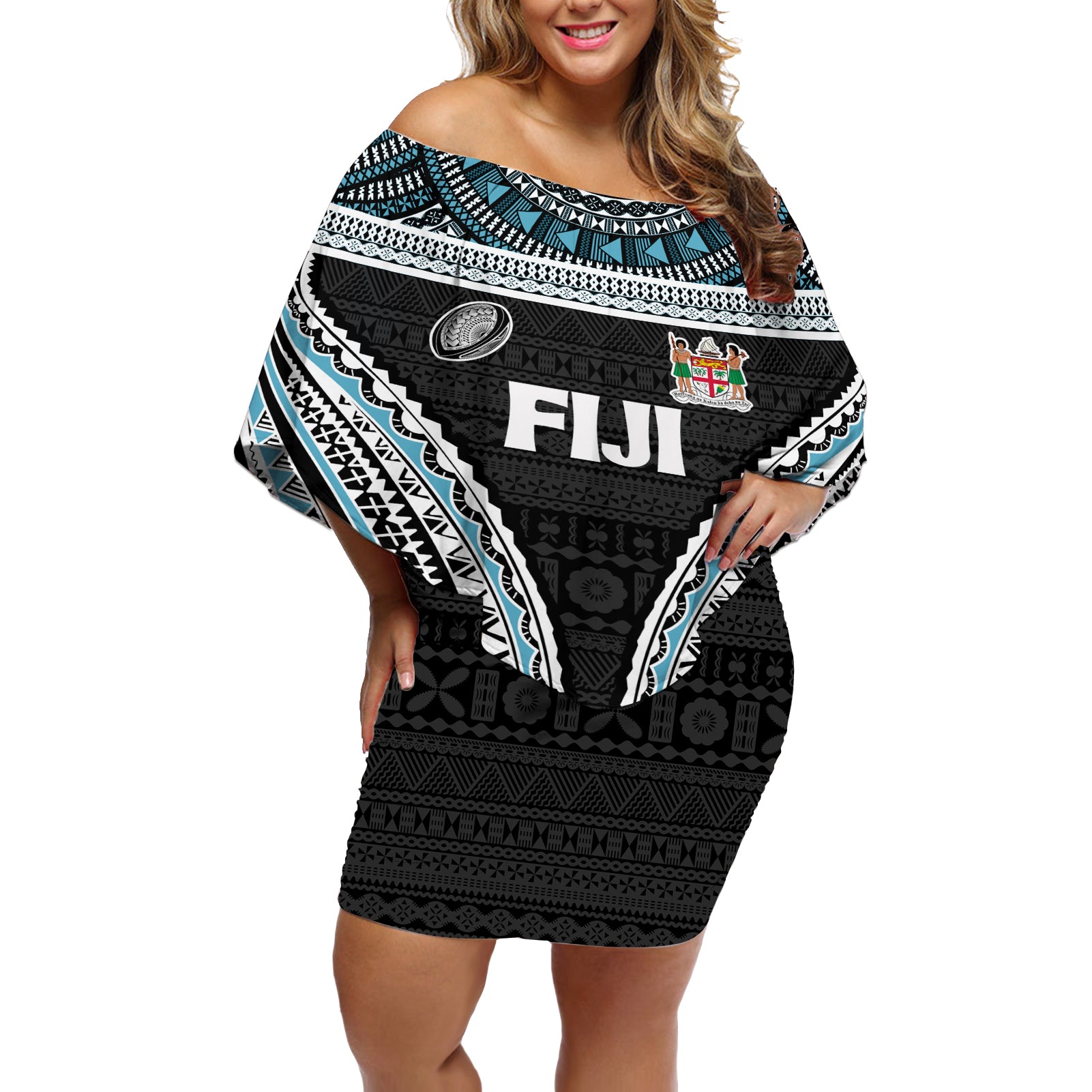 Custom Flying Fijians Rugby Off Shoulder Short Dress Tapa Tribal Cloth Black Color LT03 Women Black - Polynesian Pride