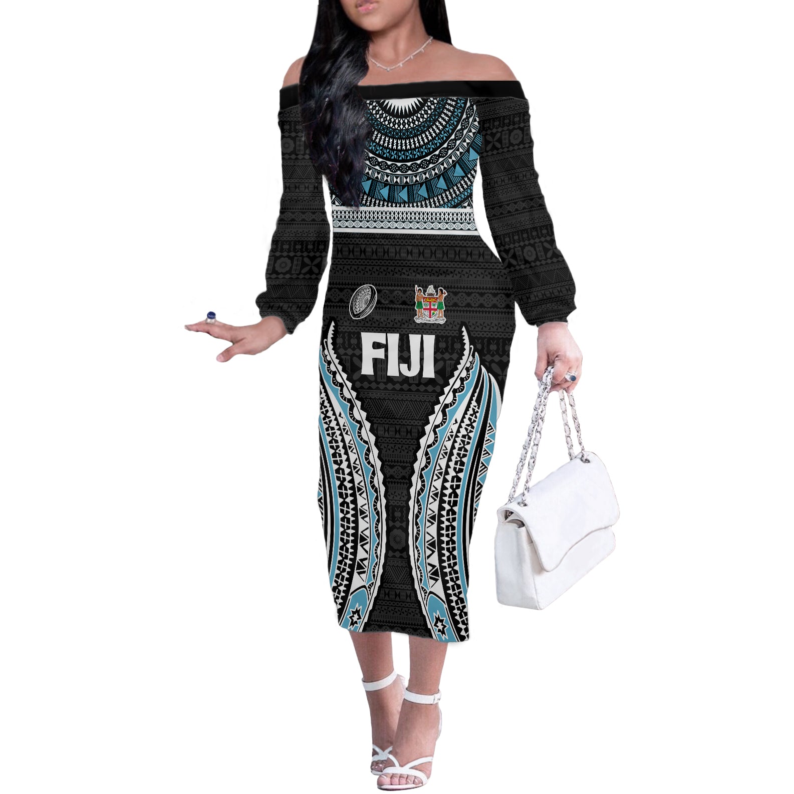 Custom Flying Fijians Rugby Off The Shoulder Long Sleeve Dress Tapa Tribal Cloth Black Color LT03 Women Black - Polynesian Pride