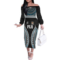Custom Flying Fijians Rugby Off The Shoulder Long Sleeve Dress Tapa Tribal Cloth Black Color LT03 Women Black - Polynesian Pride