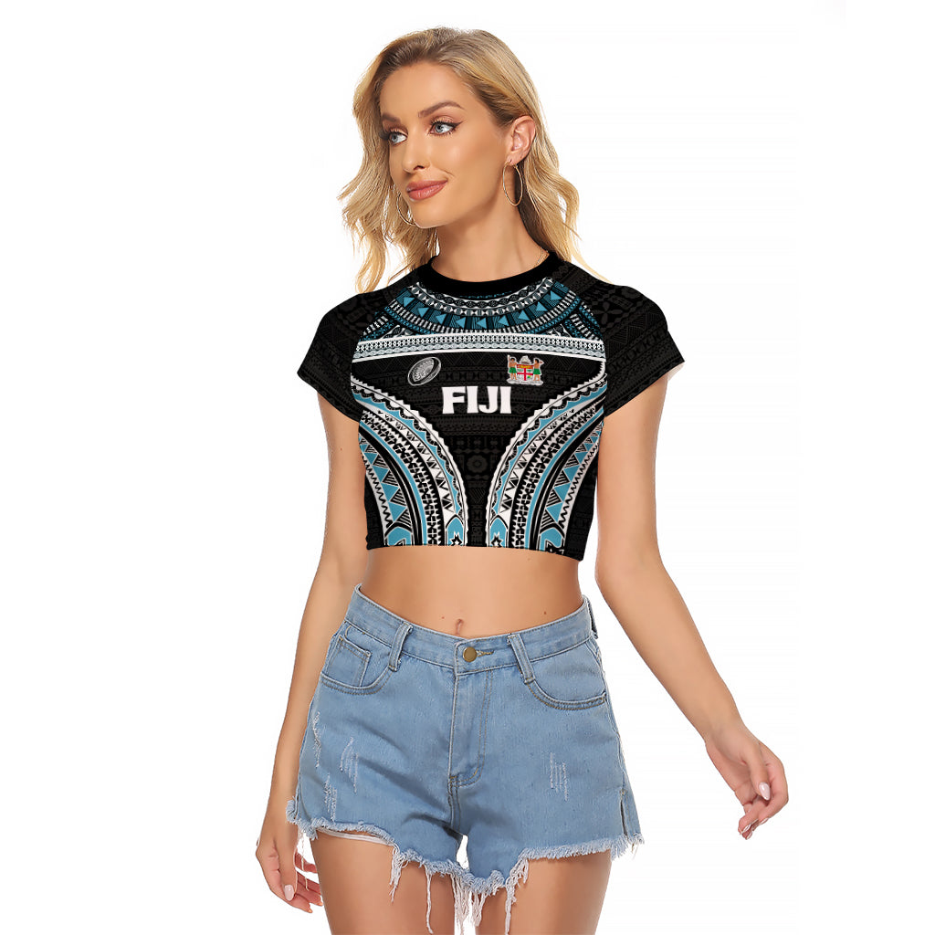 Custom Flying Fijians Rugby Raglan Cropped T Shirt Tapa Tribal Cloth Black Color LT03 Female Black - Polynesian Pride
