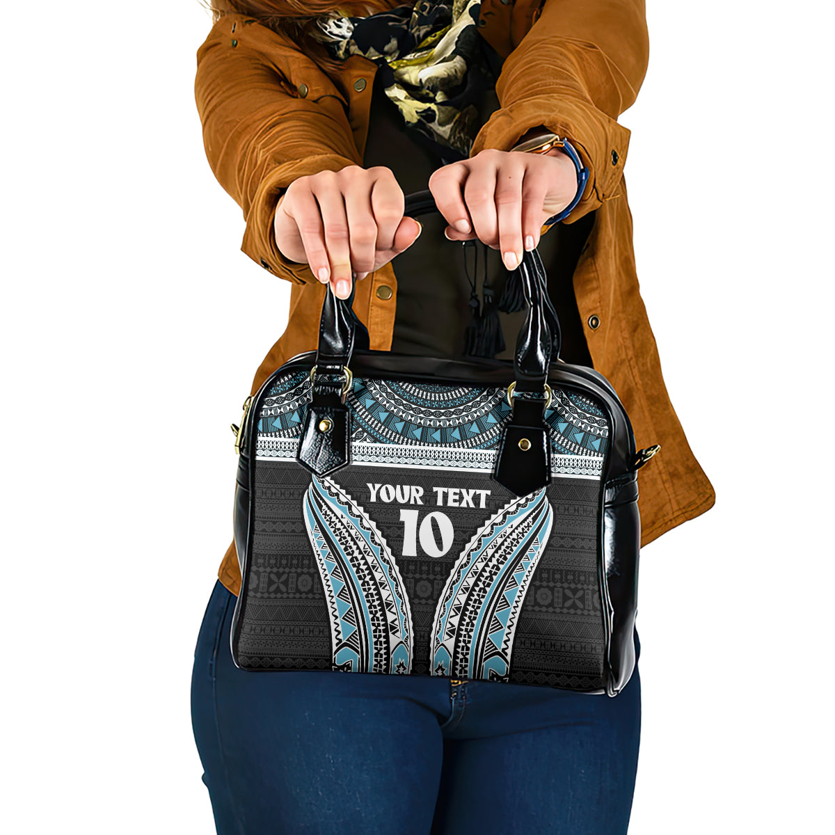 Custom Flying Fijians Rugby Shoulder Handbag Tapa Tribal Cloth Black Color