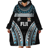 Custom Flying Fijians Rugby Wearable Blanket Hoodie Tapa Tribal Cloth Black Color LT03 - Polynesian Pride