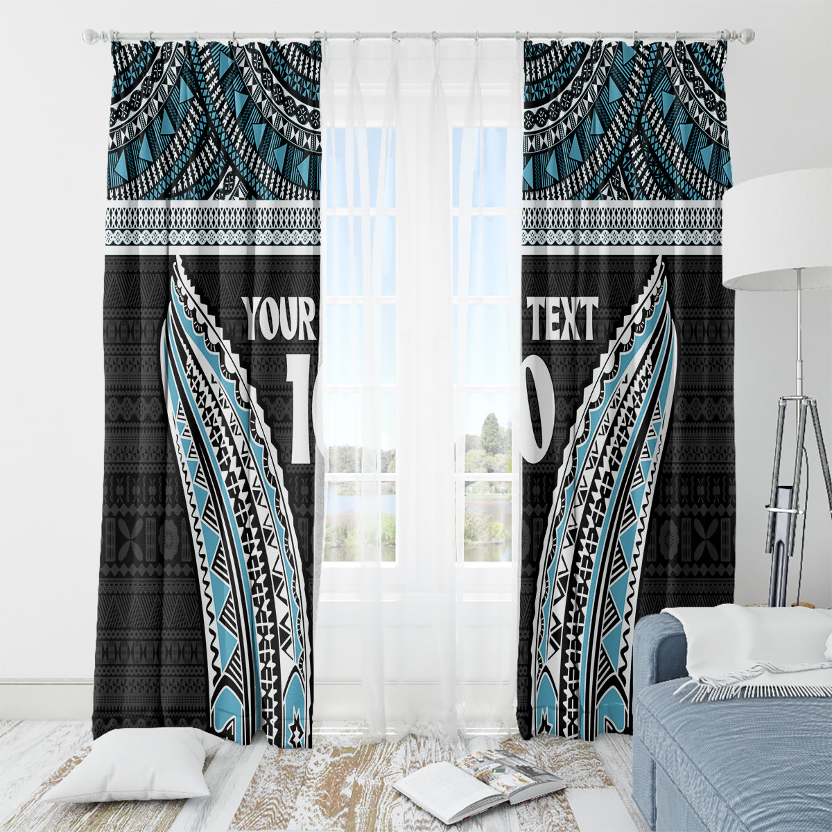 Custom Flying Fijians Rugby Window Curtain Tapa Tribal Cloth Black Color
