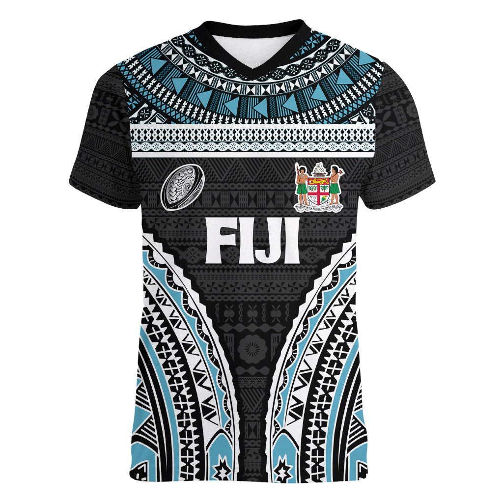 Custom Flying Fijians Rugby Women V Neck T Shirt Tapa Tribal Cloth Black Color LT03 Female Black - Polynesian Pride
