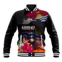 Personalised Kiribati Independence Day Baseball Jacket Frigatebird and Plumeria Hibiscus Flower LT03 Unisex Black - Polynesian Pride