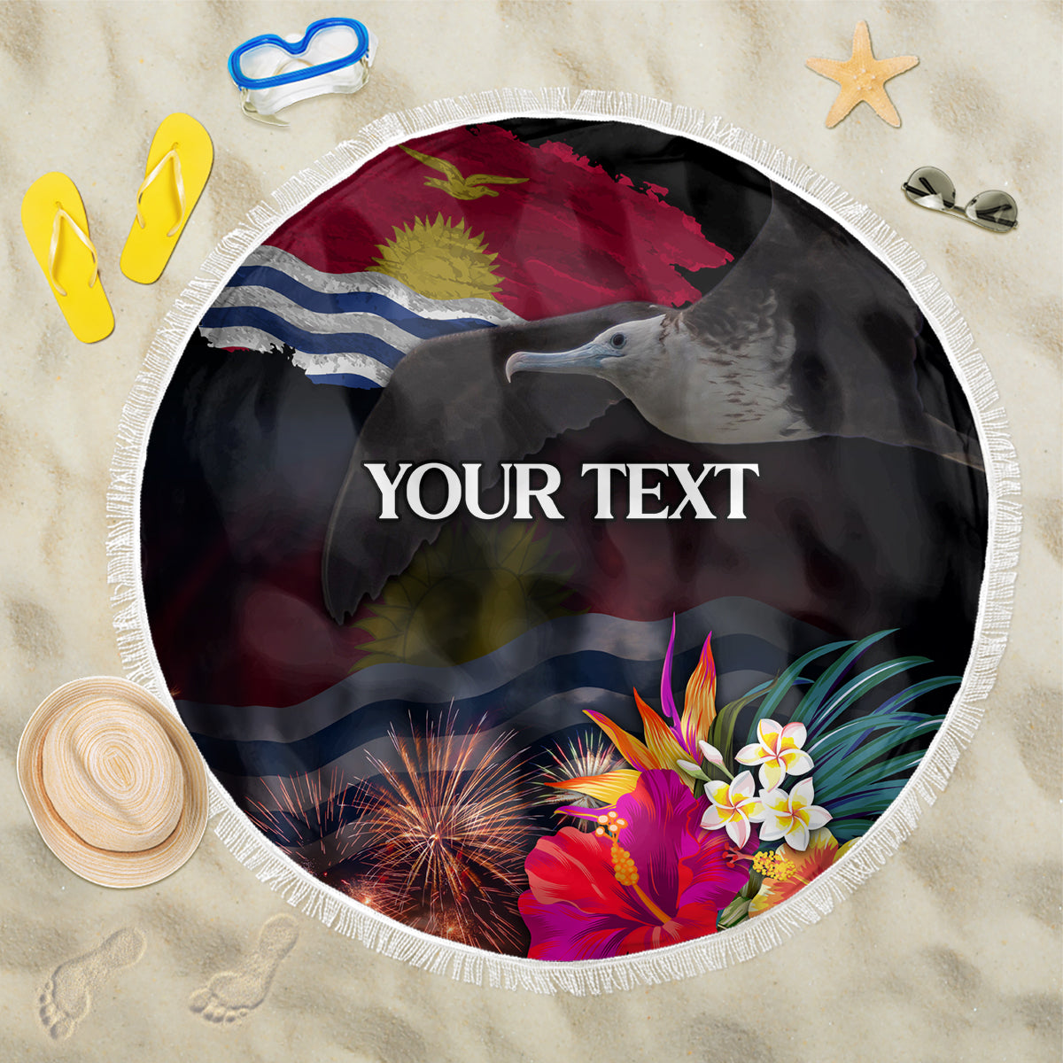 Personalised Kiribati Independence Day Beach Blanket Frigatebird and Plumeria Hibiscus Flower LT03 One Size 150cm Black - Polynesian Pride