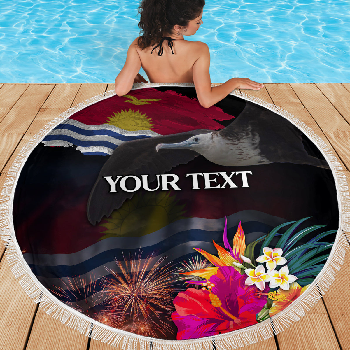 Personalised Kiribati Independence Day Beach Blanket Frigatebird and Plumeria Hibiscus Flower LT03 - Polynesian Pride