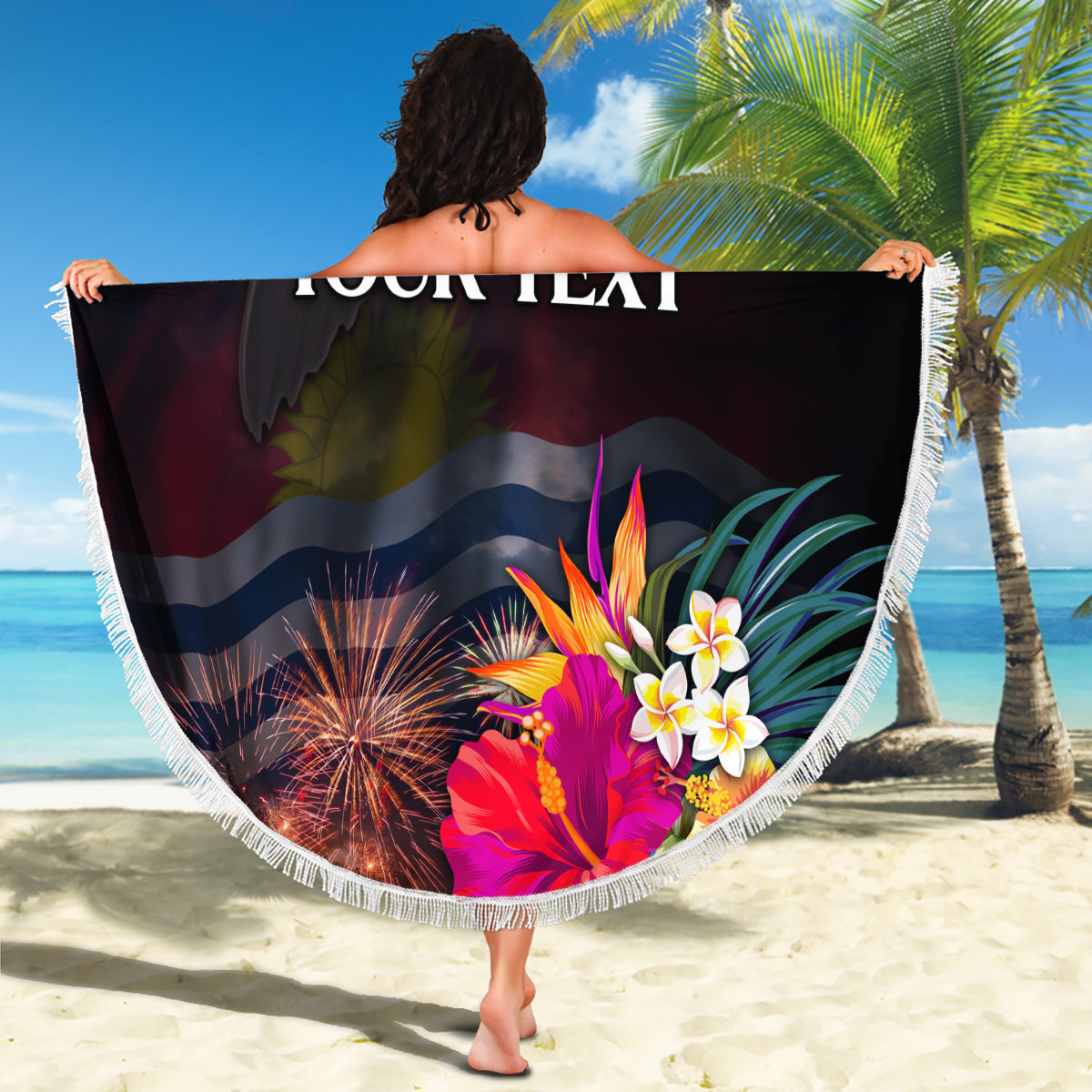 Personalised Kiribati Independence Day Beach Blanket Frigatebird and Plumeria Hibiscus Flower LT03 - Polynesian Pride