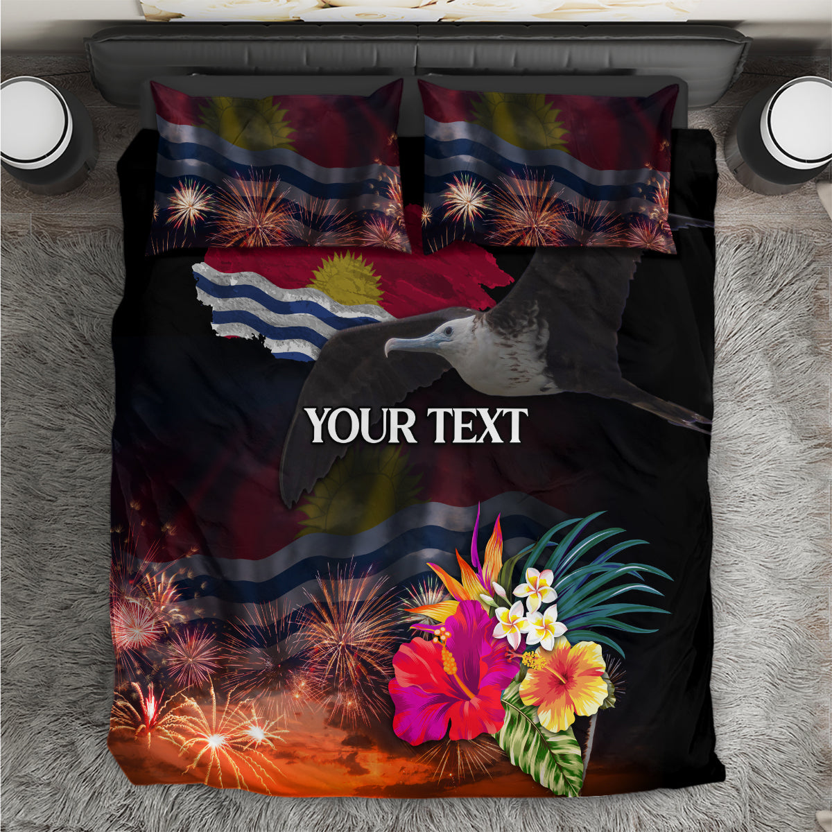 Personalised Kiribati Independence Day Bedding Set Frigatebird and Plumeria Hibiscus Flower