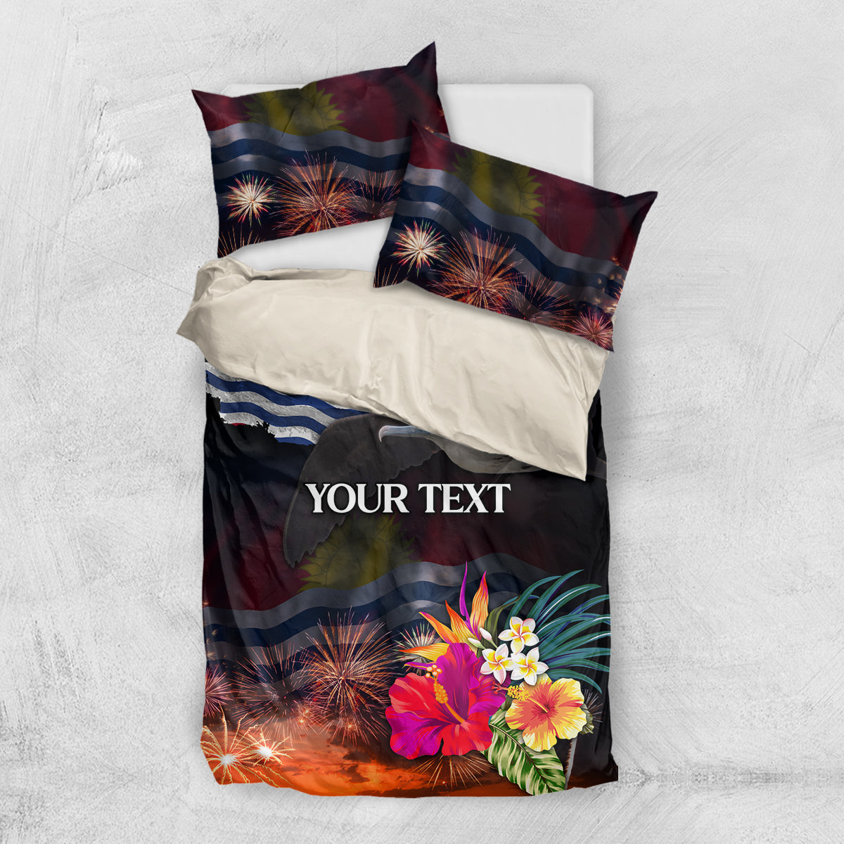 Personalised Kiribati Independence Day Bedding Set Frigatebird and Plumeria Hibiscus Flower LT03 US Twin 172cm x 218cm Black - Polynesian Pride