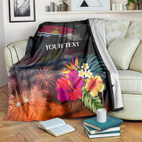 Personalised Kiribati Independence Day Blanket Frigatebird and Plumeria Hibiscus Flower LT03 Black - Polynesian Pride