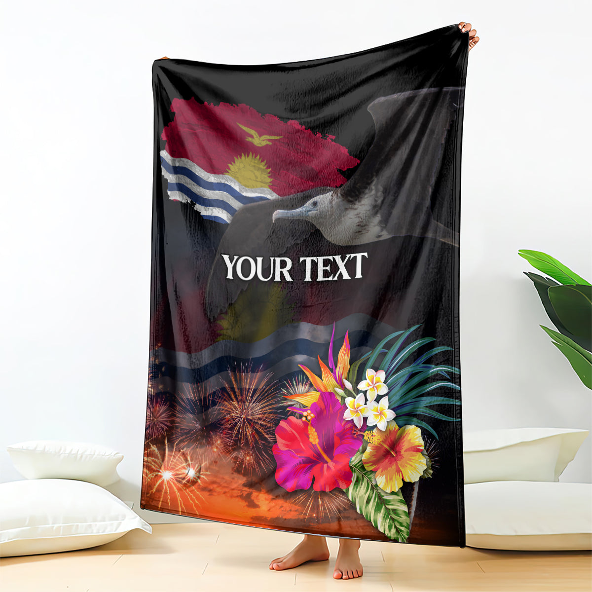 Personalised Kiribati Independence Day Blanket Frigatebird and Plumeria Hibiscus Flower LT03 - Polynesian Pride