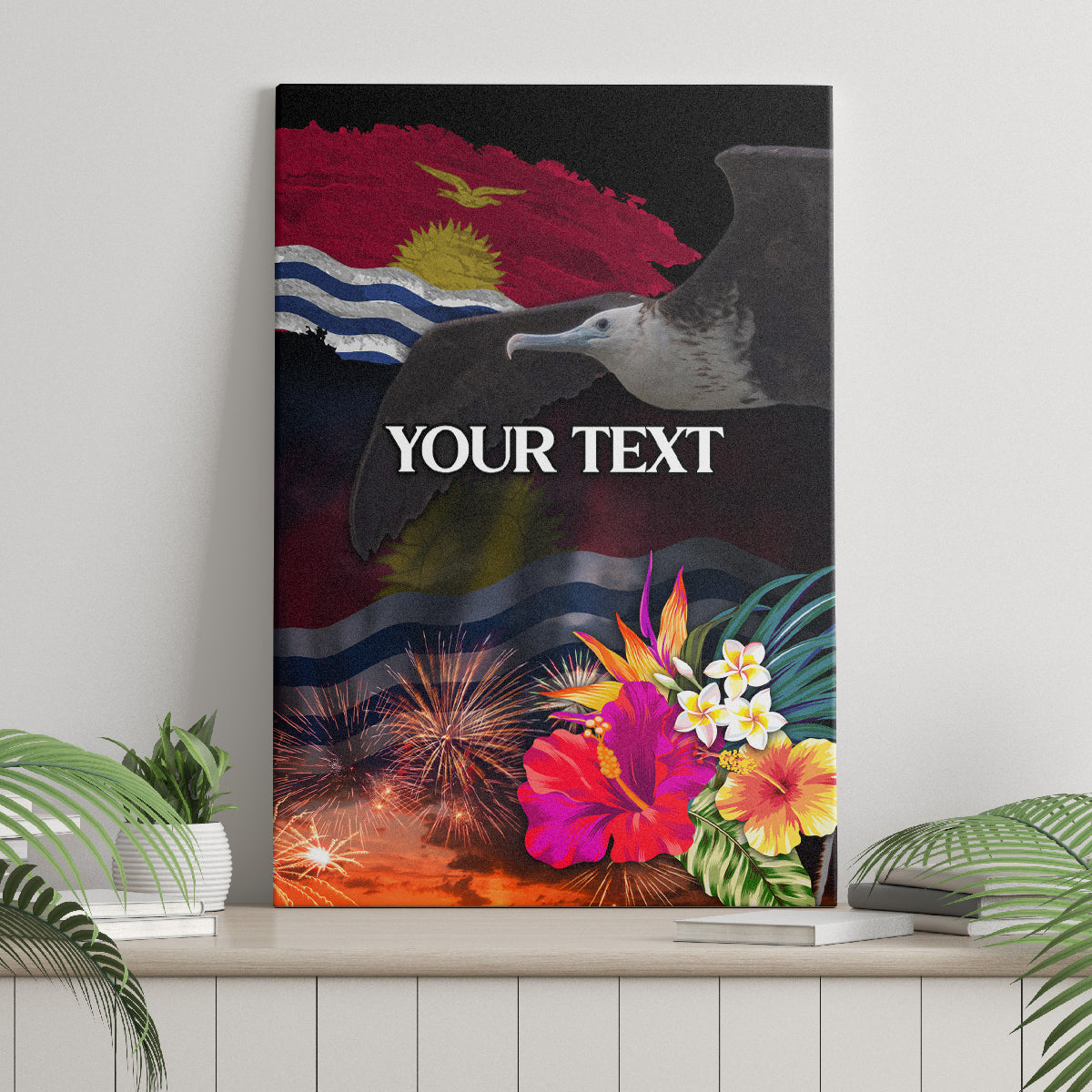 Personalised Kiribati Independence Day Canvas Wall Art Frigatebird and Plumeria Hibiscus Flower LT03 - Polynesian Pride