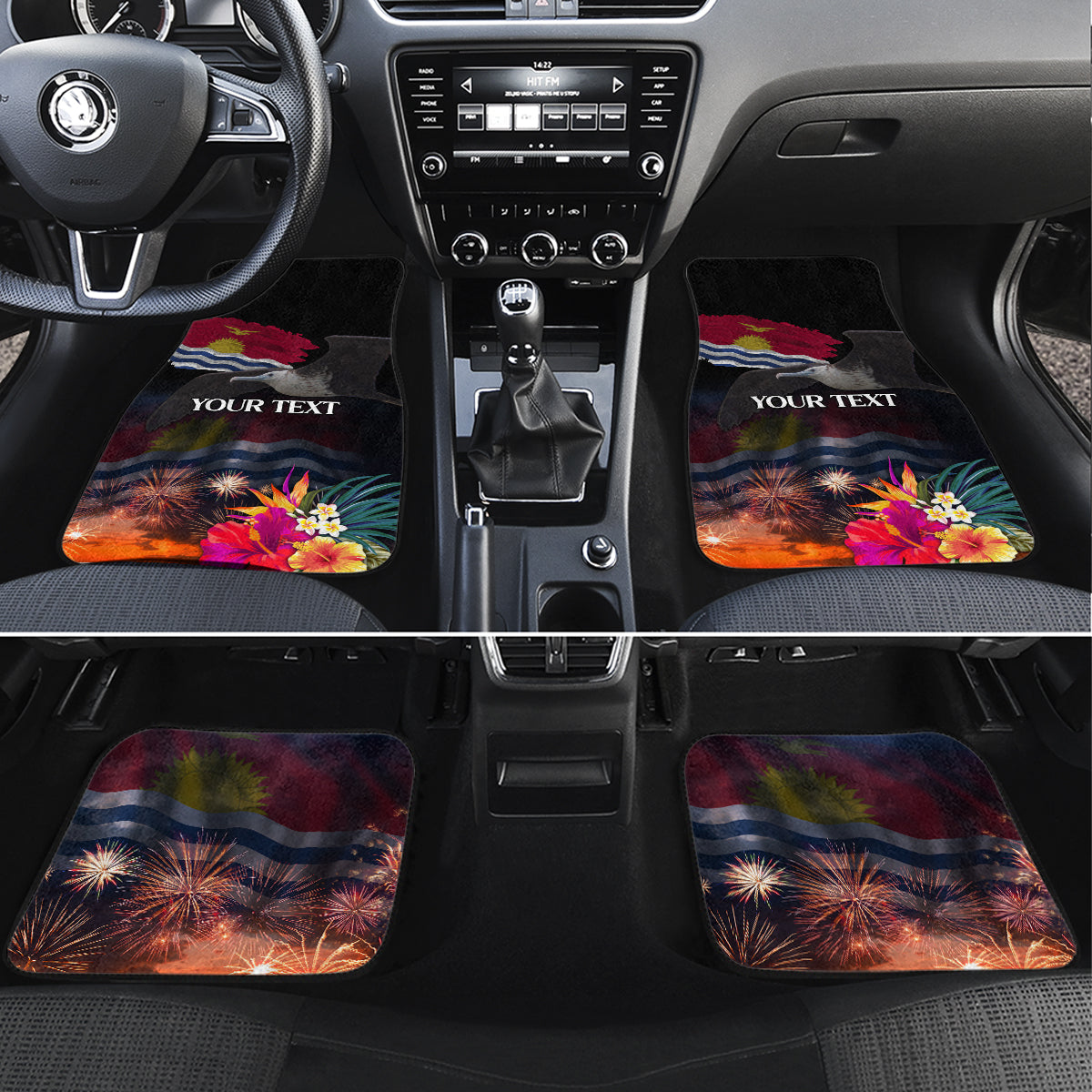 Personalised Kiribati Independence Day Car Mats Frigatebird and Plumeria Hibiscus Flower LT03 Set 4pcs Black - Polynesian Pride