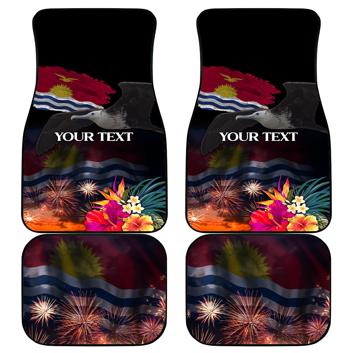 Personalised Kiribati Independence Day Car Mats Frigatebird and Plumeria Hibiscus Flower LT03 - Polynesian Pride