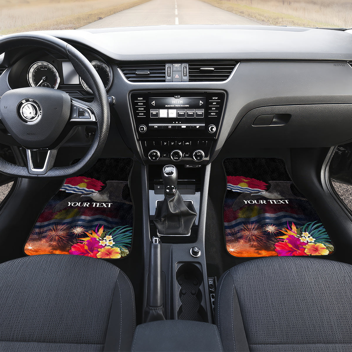 Personalised Kiribati Independence Day Car Mats Frigatebird and Plumeria Hibiscus Flower LT03 Set 2pcs - Front Black - Polynesian Pride