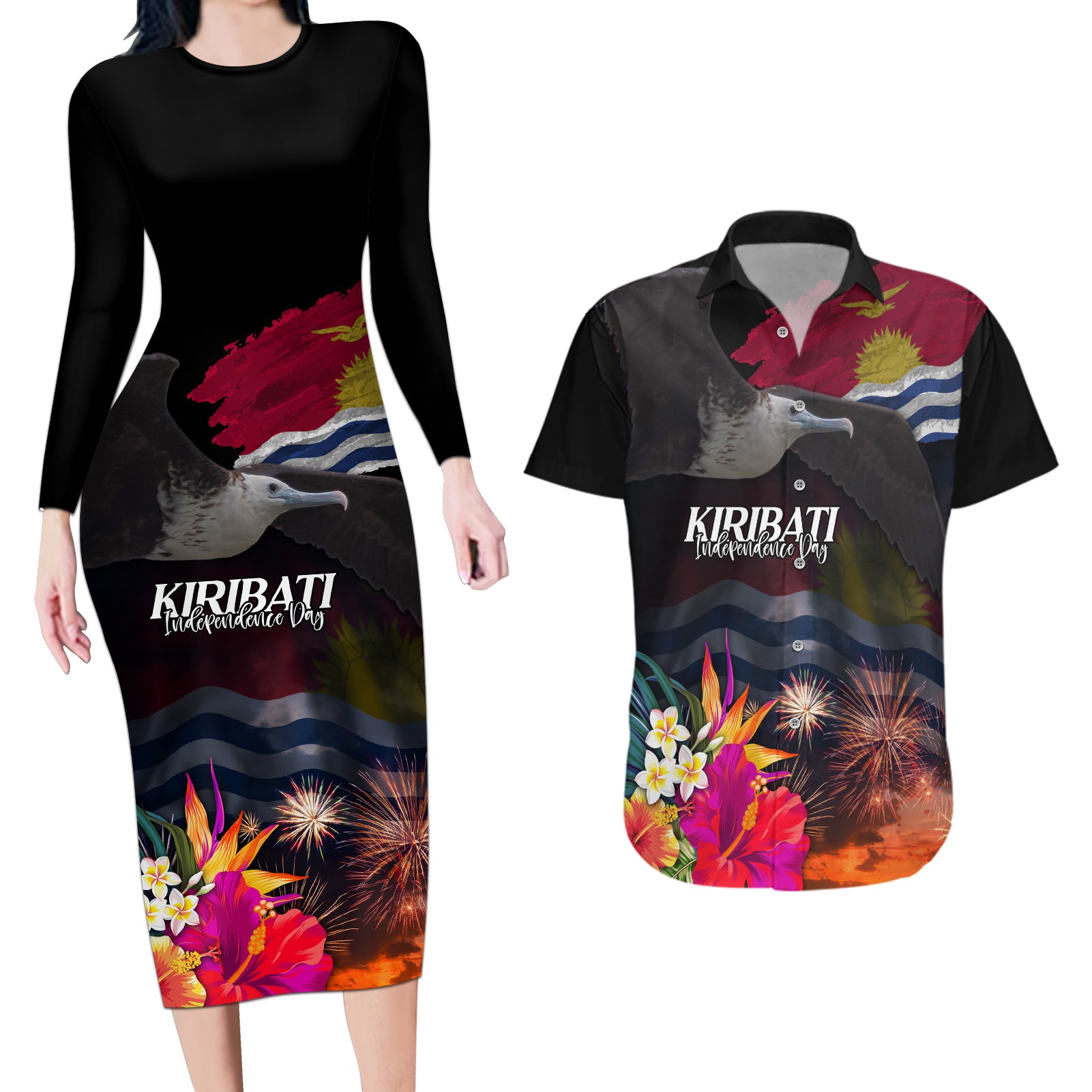 Kiribati Independence Day Couples Matching Long Sleeve Bodycon Dress and Hawaiian Shirt Frigatebird and Plumeria Hibiscus Flower