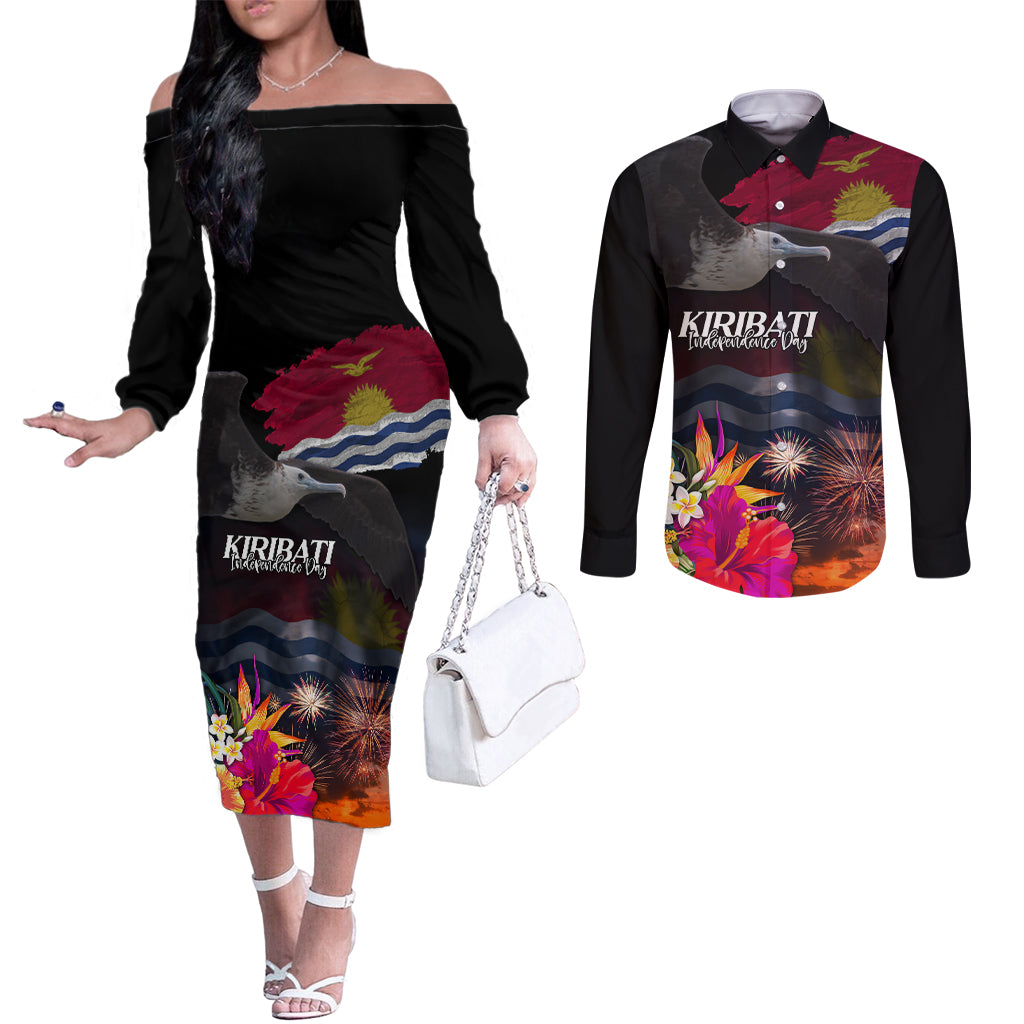 Personalised Kiribati Independence Day Couples Matching Off The Shoulder Long Sleeve Dress and Long Sleeve Button Shirt Frigatebird and Plumeria Hibiscus Flower LT03 Black - Polynesian Pride