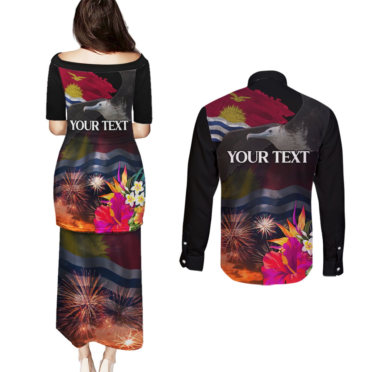 Personalised Kiribati Independence Day Couples Matching Puletasi and Long Sleeve Button Shirt Frigatebird and Plumeria Hibiscus Flower LT03 - Polynesian Pride