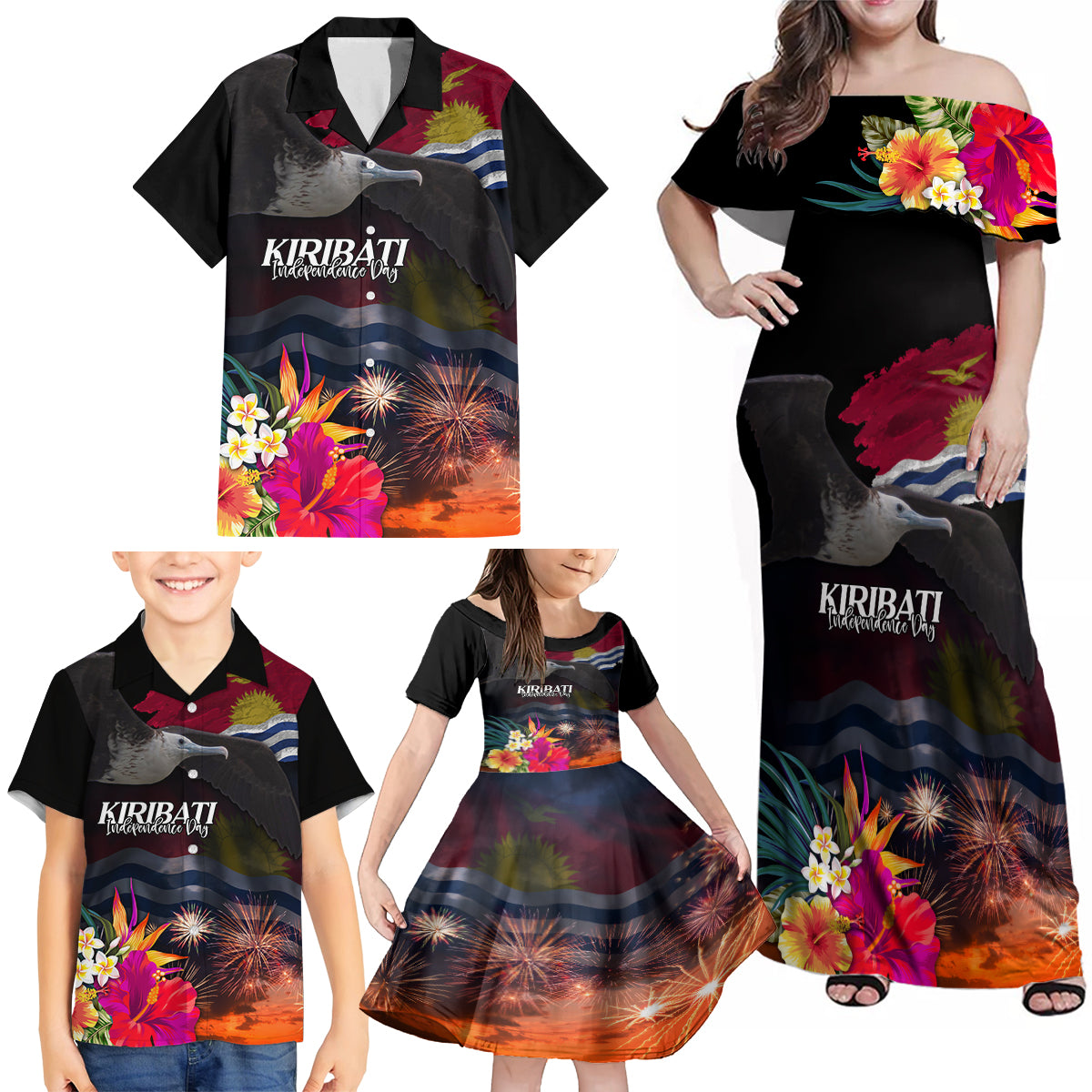 Kiribati Independence Day Family Matching Off Shoulder Maxi Dress and Hawaiian Shirt Frigatebird and Plumeria Hibiscus Flower