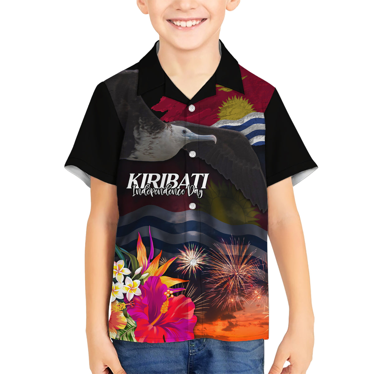 Kiribati Independence Day Family Matching Short Sleeve Bodycon Dress and Hawaiian Shirt Frigatebird and Plumeria Hibiscus Flower