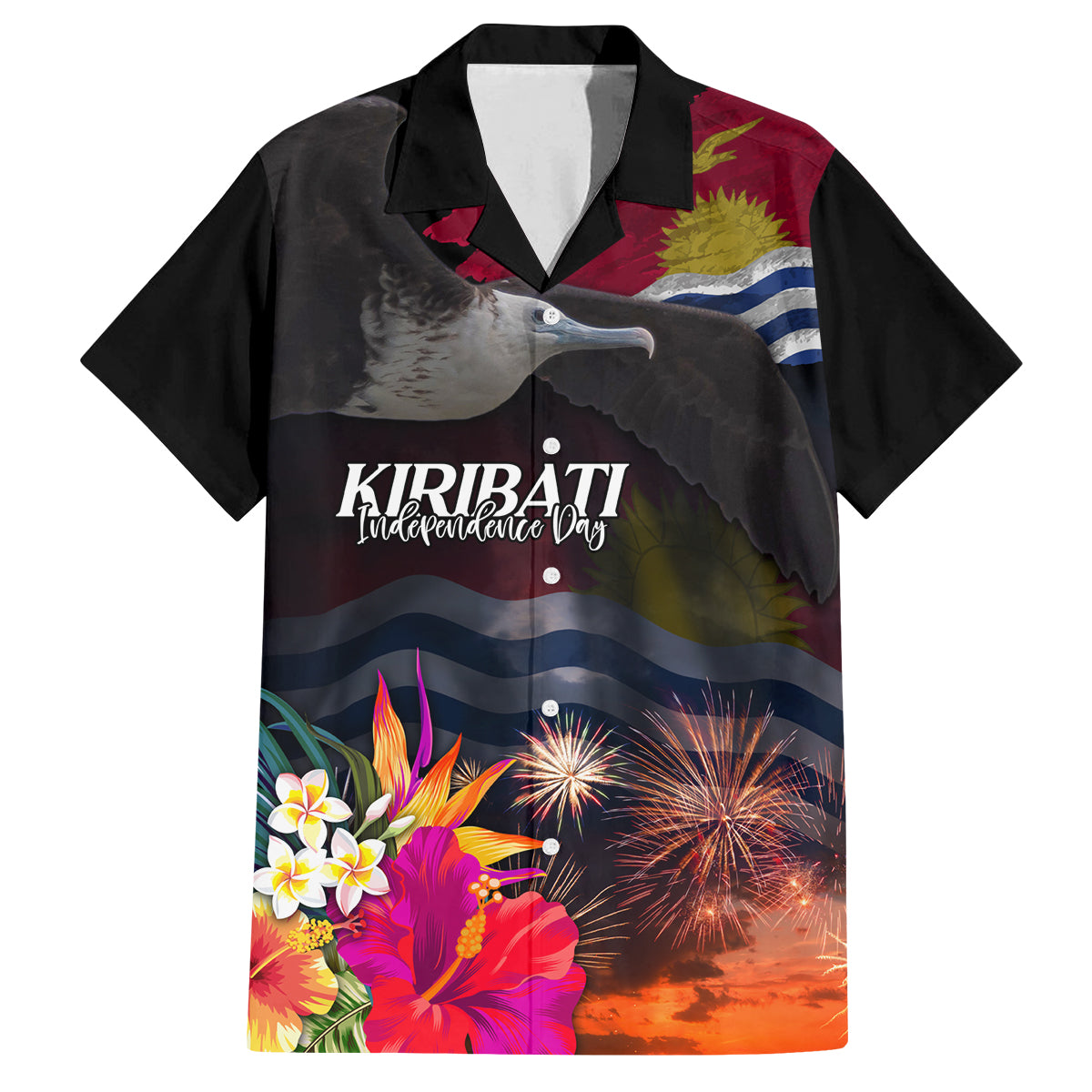 Kiribati Independence Day Family Matching Summer Maxi Dress and Hawaiian Shirt Frigatebird and Plumeria Hibiscus Flower
