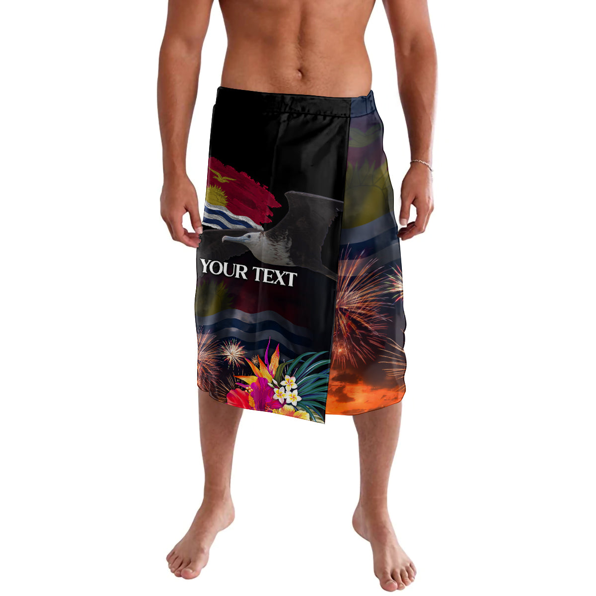 Personalised Kiribati Independence Day Lavalava Frigatebird and Plumeria Hibiscus Flower LT03 Black - Polynesian Pride