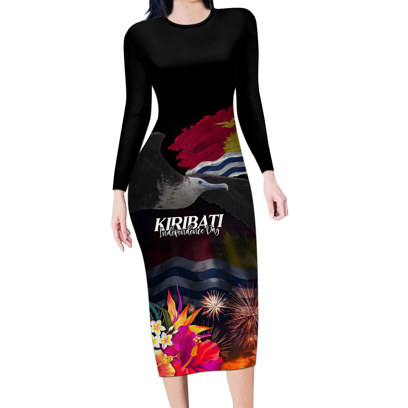 Kiribati Independence Day Long Sleeve Bodycon Dress Frigatebird and Plumeria Hibiscus Flower