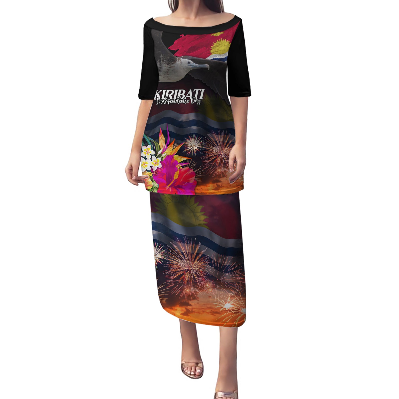 Personalised Kiribati Independence Day Puletasi Frigatebird and Plumeria Hibiscus Flower LT03 Long Dress Black - Polynesian Pride