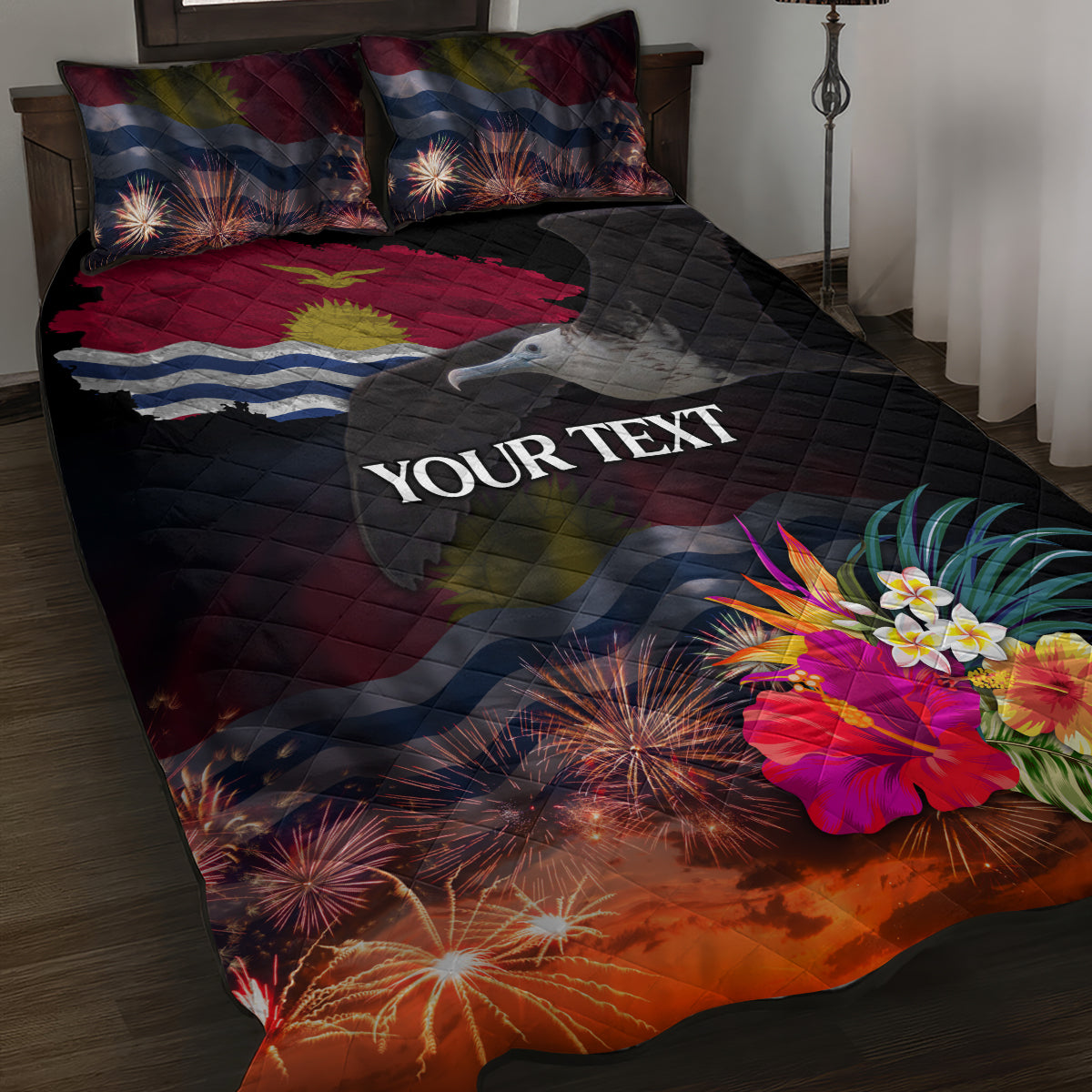 Personalised Kiribati Independence Day Quilt Bed Set Frigatebird and Plumeria Hibiscus Flower LT03 Black - Polynesian Pride