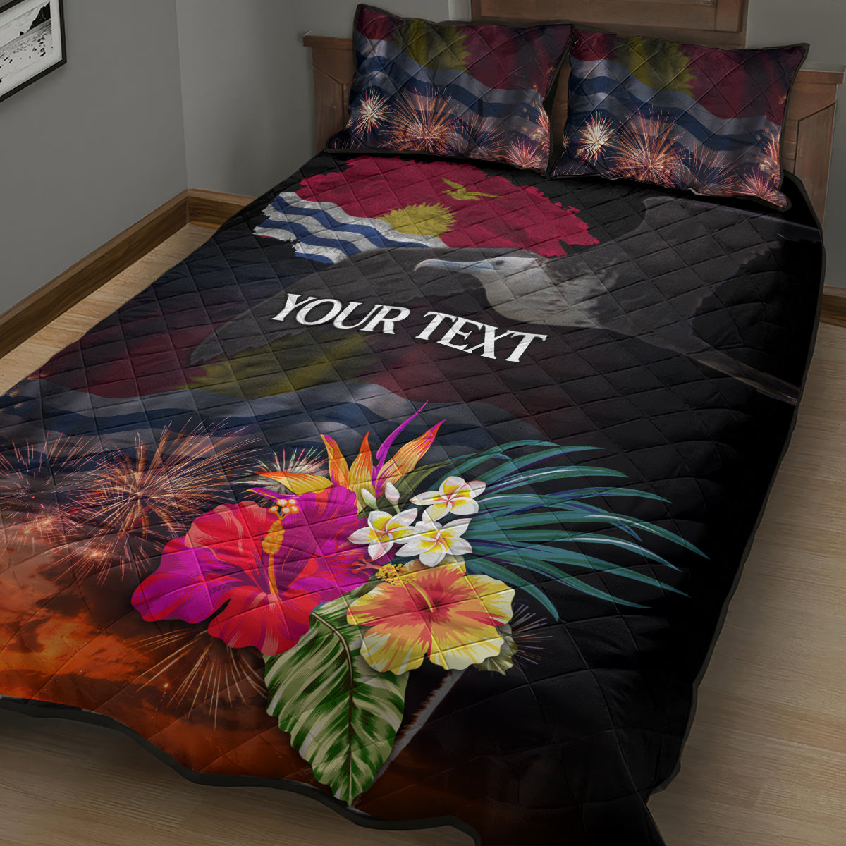 Personalised Kiribati Independence Day Quilt Bed Set Frigatebird and Plumeria Hibiscus Flower LT03 - Polynesian Pride