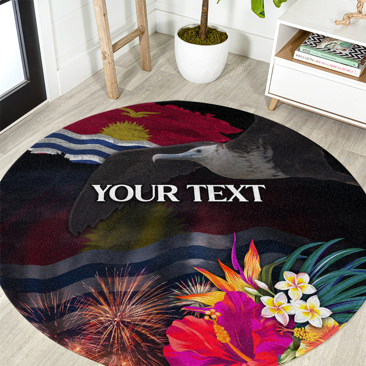 Personalised Kiribati Independence Day Round Carpet Frigatebird and Plumeria Hibiscus Flower