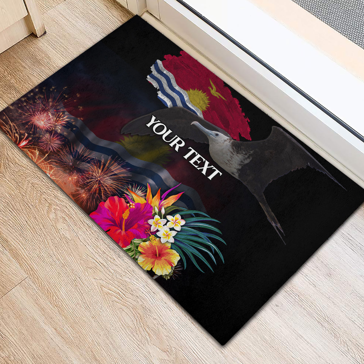 Personalised Kiribati Independence Day Rubber Doormat Frigatebird and Plumeria Hibiscus Flower LT03 - Polynesian Pride