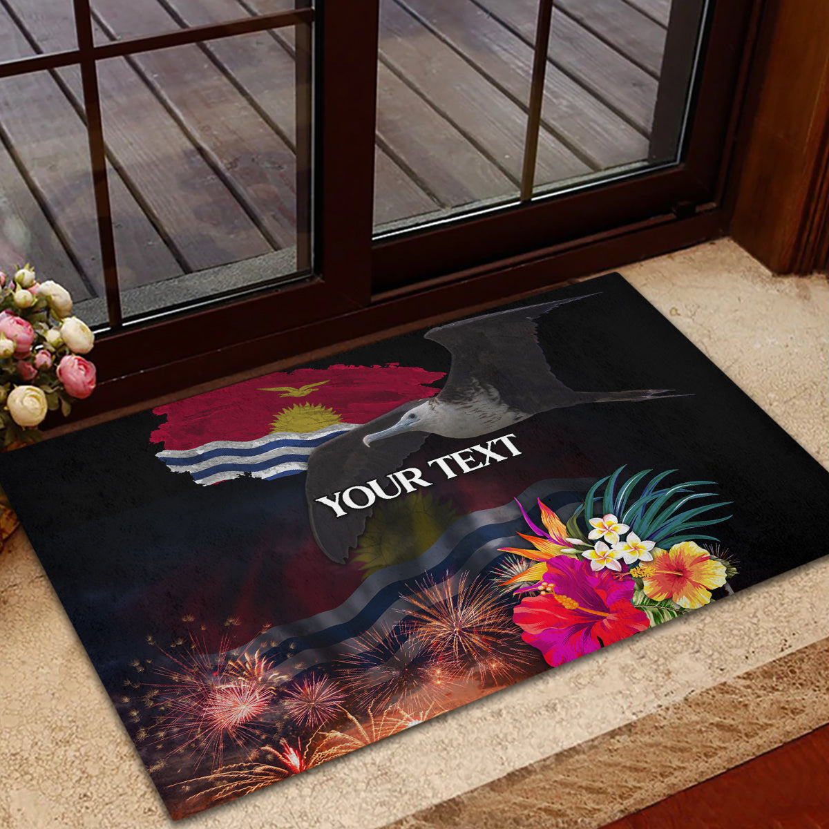 Personalised Kiribati Independence Day Rubber Doormat Frigatebird and Plumeria Hibiscus Flower LT03 - Polynesian Pride