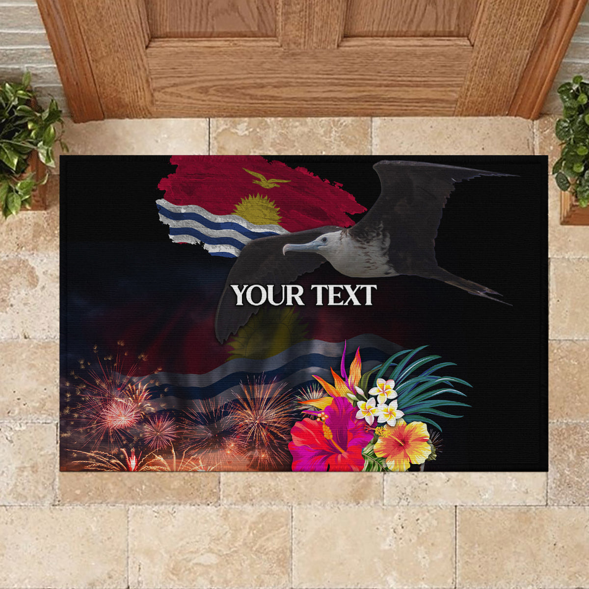 Personalised Kiribati Independence Day Rubber Doormat Frigatebird and Plumeria Hibiscus Flower LT03 - Polynesian Pride