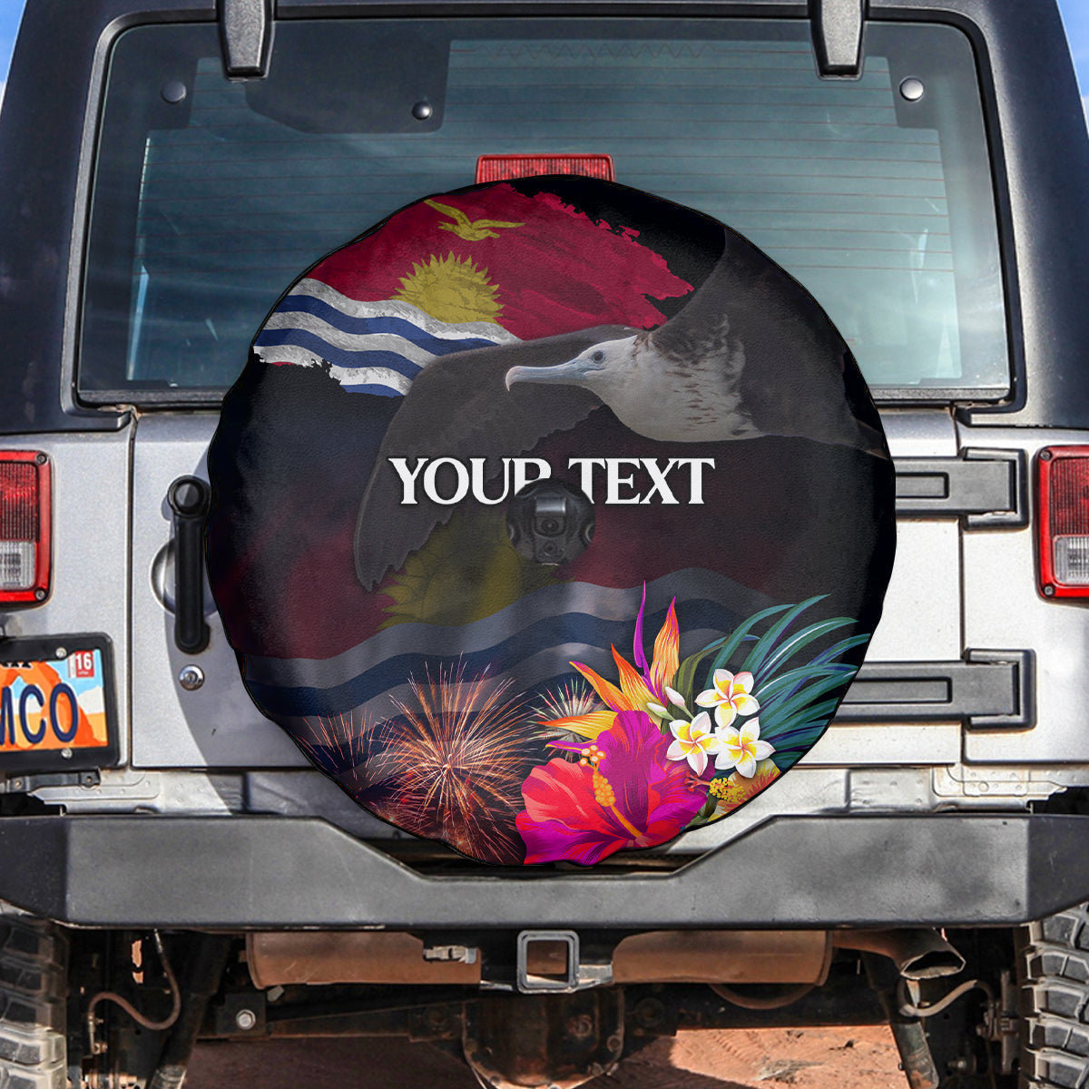 Personalised Kiribati Independence Day Spare Tire Cover Frigatebird and Plumeria Hibiscus Flower