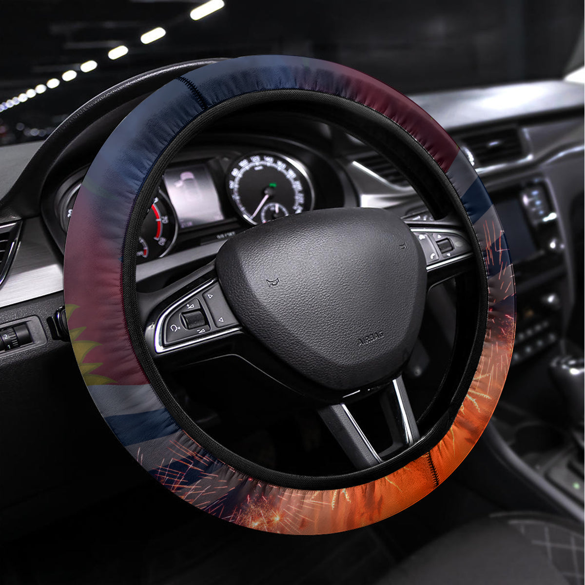 Kiribati Independence Day Steering Wheel Cover Frigatebird and Plumeria Hibiscus Flower LT03 Universal Fit Black - Polynesian Pride