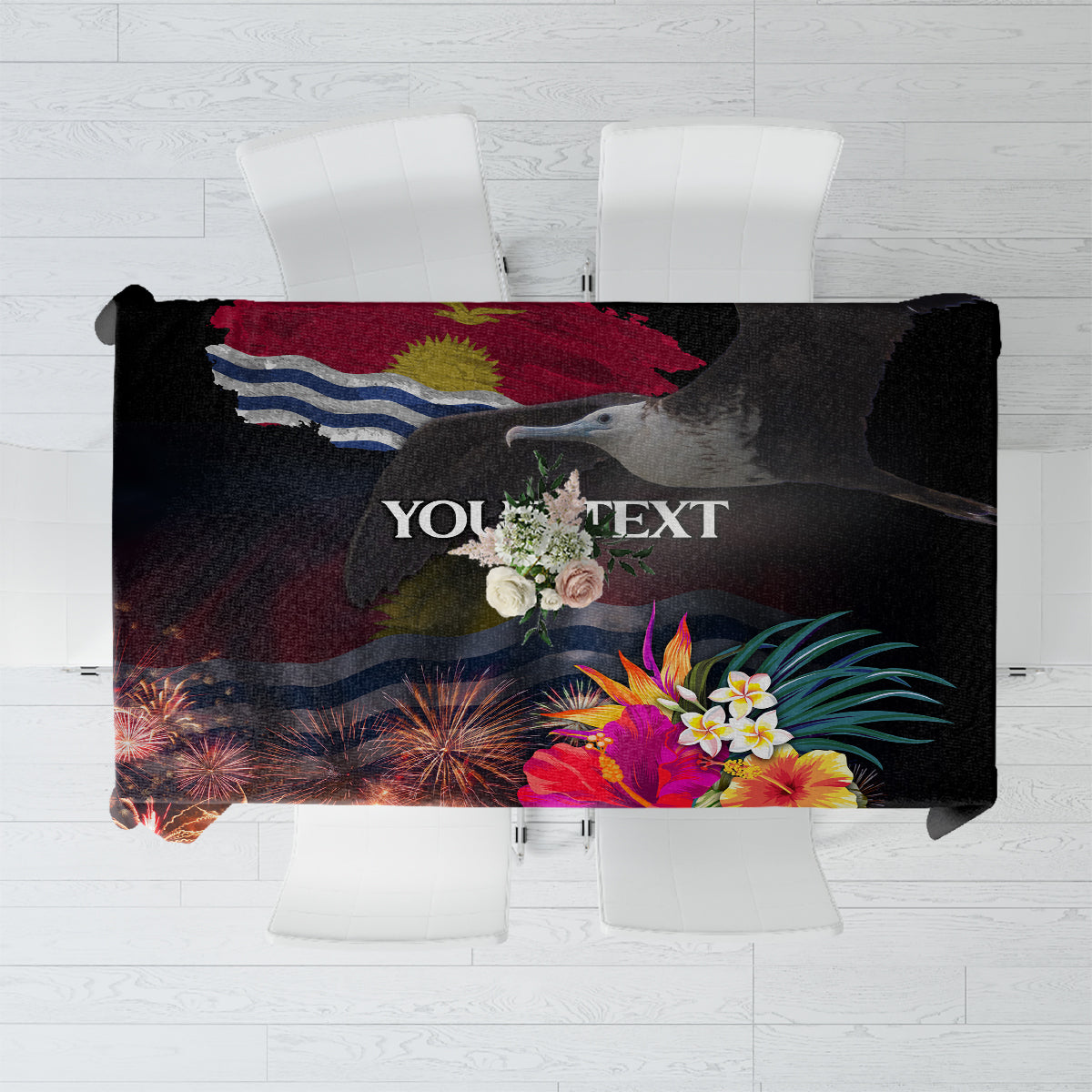 Personalised Kiribati Independence Day Tablecloth Frigatebird and Plumeria Hibiscus Flower LT03 Black - Polynesian Pride