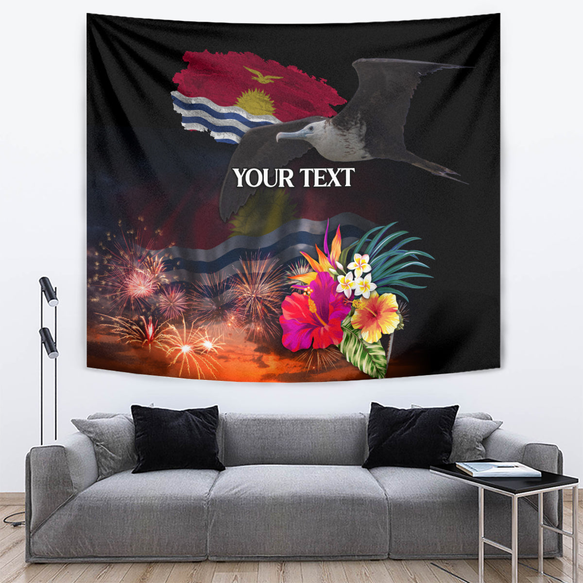 Personalised Kiribati Independence Day Tapestry Frigatebird and Plumeria Hibiscus Flower