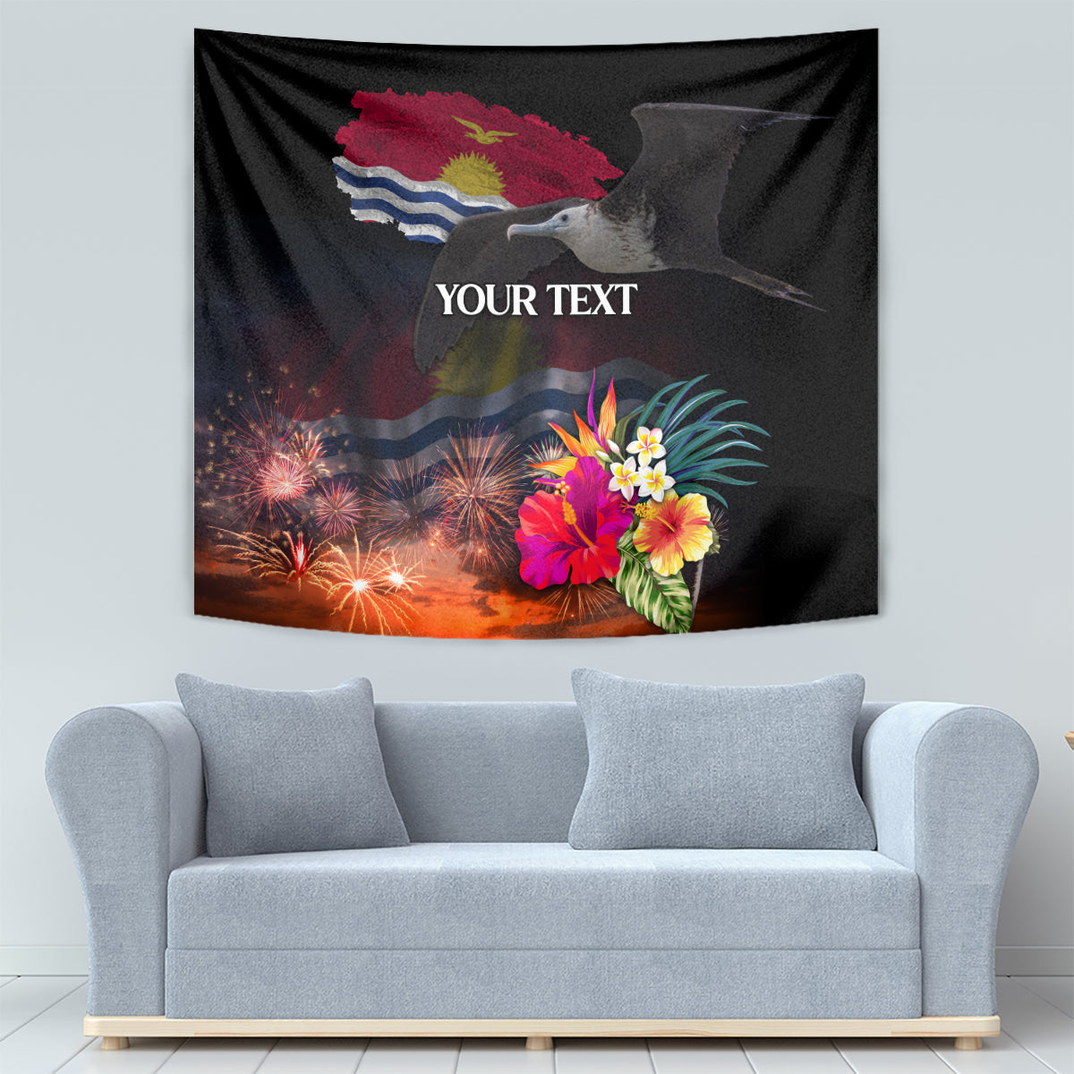 Personalised Kiribati Independence Day Tapestry Frigatebird and Plumeria Hibiscus Flower LT03 - Polynesian Pride