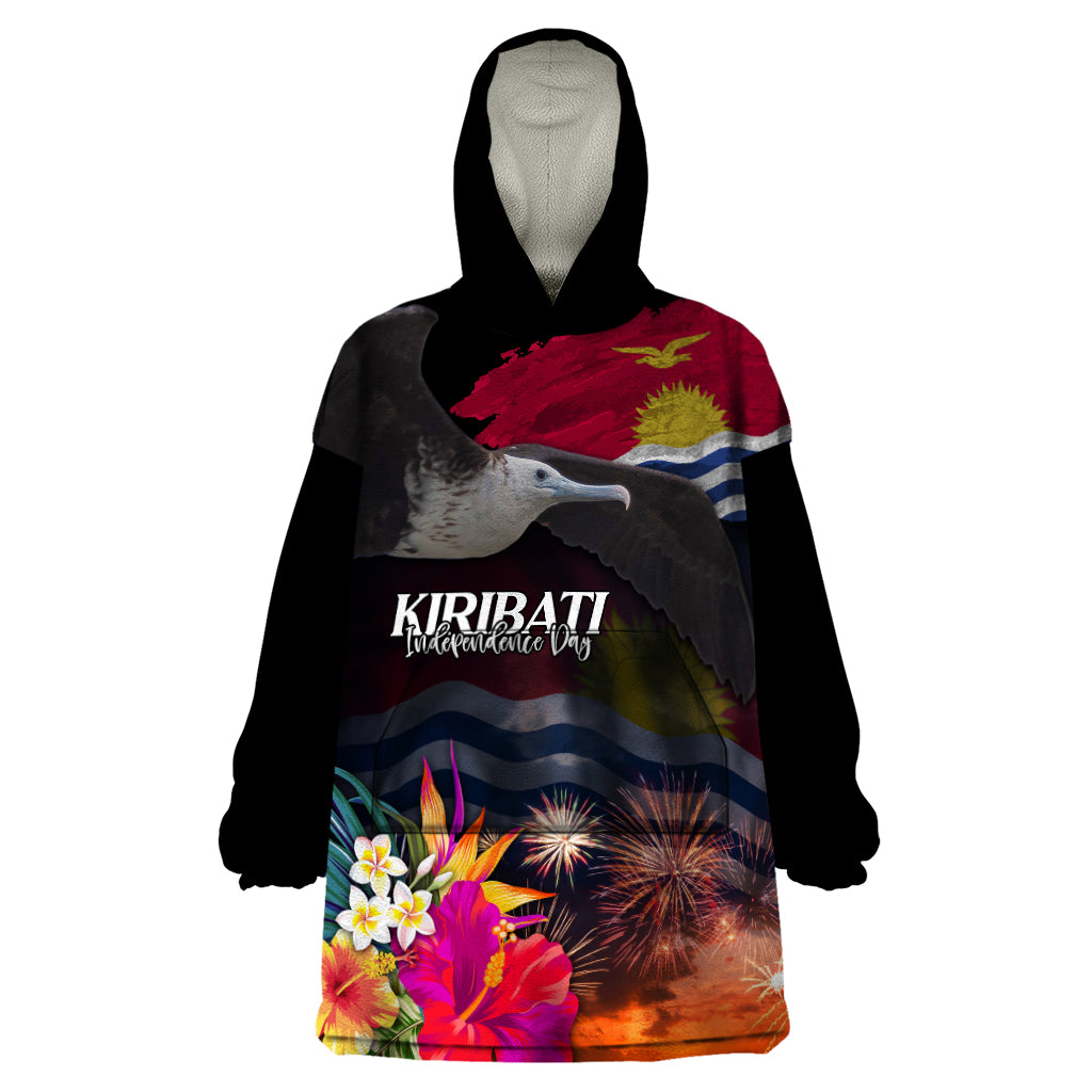 Personalised Kiribati Independence Day Wearable Blanket Hoodie Frigatebird and Plumeria Hibiscus Flower LT03 One Size Black - Polynesian Pride