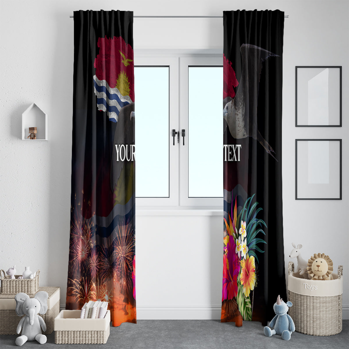 Personalised Kiribati Independence Day Window Curtain Frigatebird and Plumeria Hibiscus Flower LT03 - Polynesian Pride
